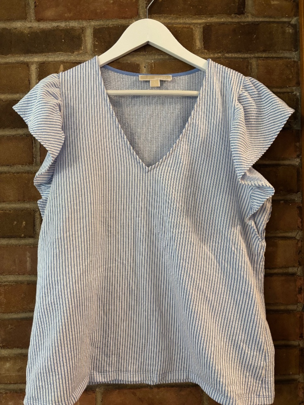 Michael Kors Light Blue and White Stripe T-shirt Flutter Sleeves